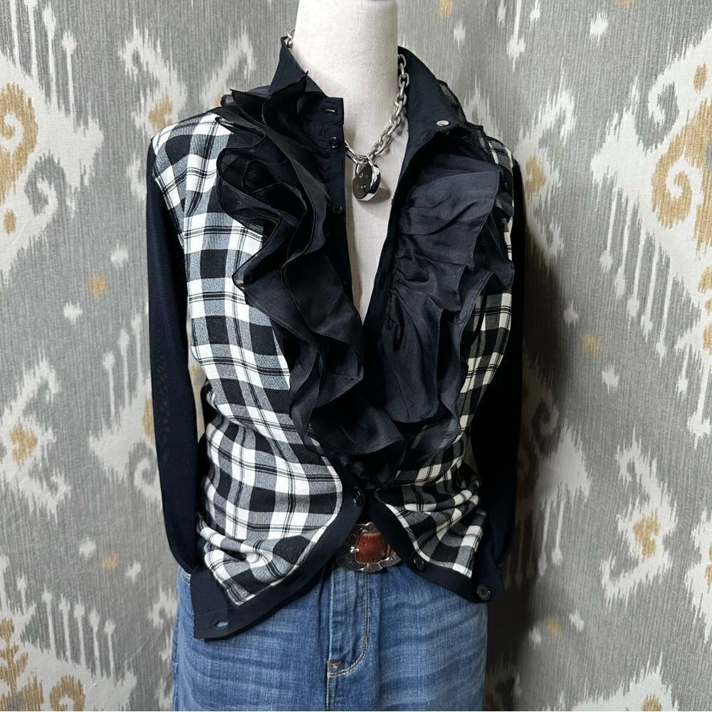 Ralph Lauren Spring 2014 Runway Black & White Plaid Print Knit Cardigan Sweater